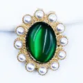 Gold alloy oval green cat eye pearl DIY flower button accessory for craft jewelry making. - Dark Green