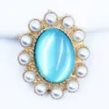 Alloy pearl cat's eye oval flower button DIY handmade bridal headwear cogs accessory material - Lake Blue