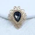 Vintage gold filigree alloy tray with dark teardrop acrylic gem for DIY jewelry crafting. - Gray