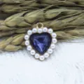 Alloy heart pendant 18mm with pearl border, dark blue crystal, perfect for DIY jewelry making. - Navy Blue