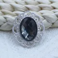 Oval rhinestone alloy hollow button, silver base with black acrylic gem, DIY accessory. - Gray