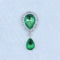 Green teardrop rhinestone pendant DIY craft accessory with silver setting and clear crystals. - Dark Green