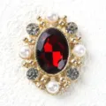 Vintage oval rhinestone alloy button with red central crystal, pearl and clear crystal accents. - Dark Red