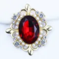 Gold alloy rhinestone flower button DIY accessory with red oval acrylic gem and pearls. - Dark Red