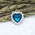Blue crystal heart shape alloy pendant with white pearl border DIY jewelry accessory piece - Cyan