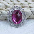 Silver tone alloy filigree oval gemstone decorative buckle DIY craft jewelry accessory. - Rose Red