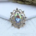Vintage alloy hollow rhinestone pendant with iridescent oval stone for DIY handmade jewelry crafts. - AB Color