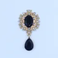 Gold alloy filigree brooch base with sparkling clear rhinestones and elegant black stones for DIY. - Black
