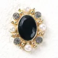 Vintage oval alloy rhinestone button with black central gem, pearl and crystal decor DIY. - Black