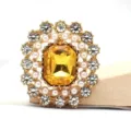 Nahaufnahme des Vintage Strass Blumen Knopfs, glitzernde Kristall Details fuer DIY Zubehoer. - Goldgelb