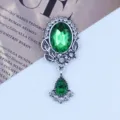 Vintage antique silver alloy green rhinestone oval drop brooch diy fashion jewelry accessory - Dark Green