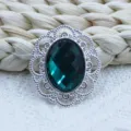 Oval gemstone alloy filigree button with dark green acrylic crystal for DIY jewelry making parts - Cyan