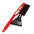 Car 2-in-1 ice scraper and snow brush detail shot, long handle cleaning tool for winter auto. - Red