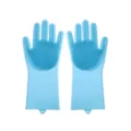 Blaue Silikon Spülund Putzhandschuhe mit dichten Borsten und praktischer Aufhängeöse für Haushalt. - Blau