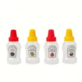 Mini botellas de plástico para salsa con tapas coloridas para uso portátil en cocina - Set de 4 Botellas de Condimento Cuadradas con Etiqueta Grande