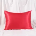 Red satin pillowcase with zipper closure, smooth silk feel standard bedroom bedding cover. - Red