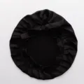 Black silk satin sleep cap with bow strap, breathable shower bonnet for hair care and home use. - Adjustable Straps / Black