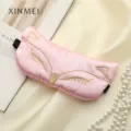 Pink imitation silk sleep mask with cute cartoon fox embroidery and adjustable elastic strap. - Pink