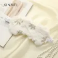 White plush sleep mask with gold flower print, soft fluffy eye cover with elastic band. - White Flower