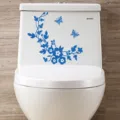 Adhesivo de baño con mariposa y flor, pegatina de pared de vinilo extraíble para el inodoro. - Azul Claro