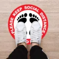 Round social distancing floor sticker with footprint warning sign for public places safety use - XG001 5 Sheets