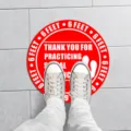 Red social distancing floor sticker variant with 6 feet warning sign and footprint design. - XG015 5 Sheets