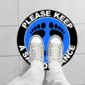 Round social distancing floor sticker with footprint warning design for public safety cues. - XG010 5 Sheets