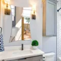 Modern decorative curved wall mirror detail showcased in a clean bathroom vanity setup. - JM702 / S: 20x30cm