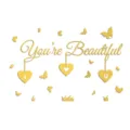 Adhesivo de pared de acrílico dorado You're Beautiful corazones mariposas decoración infantil - Dorado