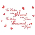 Red acrylic mirror wall sticker with English kitchen quote and butterfly decorations. - Red