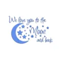 Blue acrylic mirror wall sticker detail featuring moon, stars, and quote design elements. - Blue