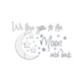 Acrylic mirror wall sticker detail showing the moon, stars and text elements clearly. - Silver