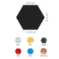 Hexagonal acrylic mirror wall sticker detail showing dimensions and multi-color options available. - 26.5cm