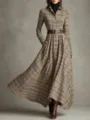 Elegant plaid long sleeve maxi shirt dress featuring a classic collar and waist belt detail - XS / Dresses / Khaki Plaid With Belt