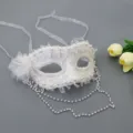 White lace masquerade mask with pearls and ribbons, perfect for parties and ball events. - White