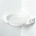 White bathroom corner rotating shelf organizer with clear tray and hooks for shower. - Clear White