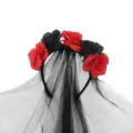 Halloween black red artificial rose floral headband with black lace veil for party - One Size / Rose Headband - Red & Black