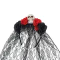 Halloween headband skull red black rose lace veil gothic party hair hoop costume accessory - One Size / Rose Headband - Black & Red with Center Skull