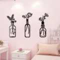 Nahaufnahme von 3D Acryl Spiegel Vase und Blumen Wandaufklebern in rosa Schlafzimmer. - 2 mm Dicke - S / Schwarz