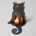 Black cat wall shelf with crystal moon stars design, wooden floating shelf for crystal decor. - MZ228