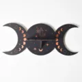 Wooden boho moon phase crystal wall shelf detail, black and copper wall hanging decor. - MZ238