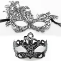Set maschere per festa di carnevale Halloween costume ballo in maschera nero e argento. - Corona fenice - Set argento