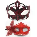 Masque de bal masqué fête Halloween rouge noir dentelle princesse demi-visage ensemble - Couronne de papillons - Ensemble rouge