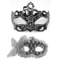 Stijlvolle maskerende maskers set met zwarte kroon en zilveren vlinder kantontwerpen. - Bloemenkroon Vlinder Set / Zilver