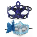 Masquerade masker set voor vrouwen, zwart en blauw glinsterende feestmaskers kostuum. - Bloemenkroon Vlinder Set / Blauw