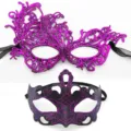 Set de máscaras de antifaz, medio rostro de encaje y purpurina para fiesta de Halloween. - Fénix de corona - conjunto púrpura