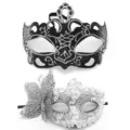 Ensemble de masques, paillettes noires et dentelle argentée papillon demi-visage. - Couronne papillon - Ensemble argenté