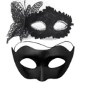 Set maschera carnevale pizzo nero con farfalla strass per festa di Halloween di coppia - Farfalla laterale a doppia corna - Set composito nero