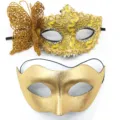 Set Maschere Dorate Farfalla Pizzo Coppia Carnevale Festa di Halloween Maschera - Farfalla laterale a due corna - Set oro composito