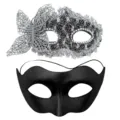 Set maschere di carnevale di Halloween con maschera farfalla in pizzo e maschera nera elegante - Farfalla laterale a doppio corno - Set composito nero argento